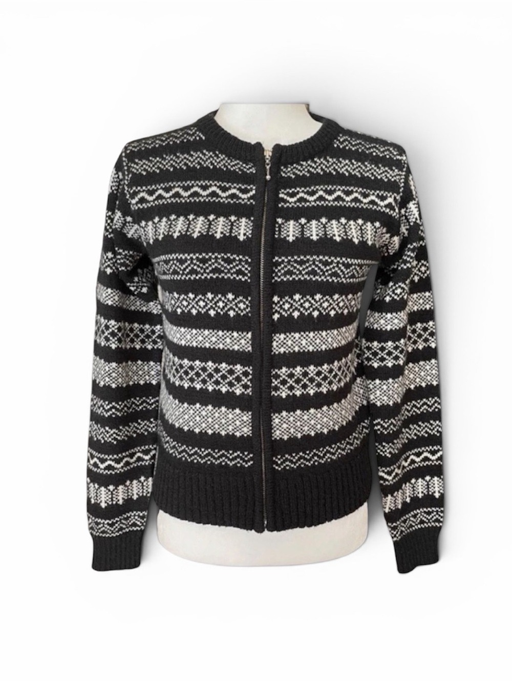 Vintage 90s SPIN Fair Isle Nordic Zip Sweater Black White Juniors M XS–S